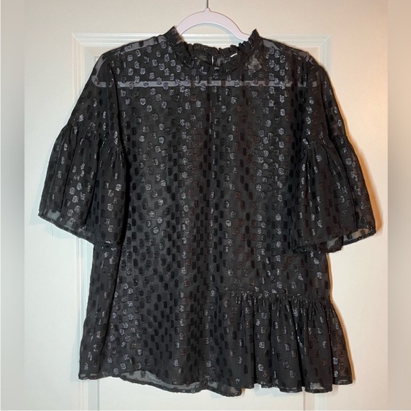 H&M | Black Shimmer Dot Sheer Ruffle Mock Neck Short Sleeve Blouse Size 14 - Picture 2 of 5